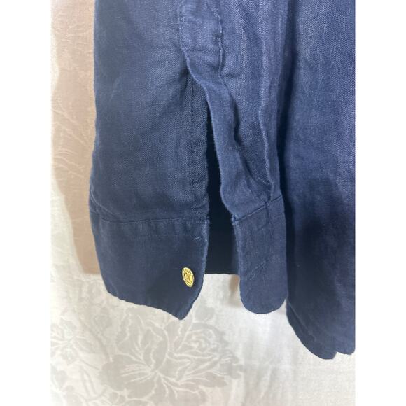 Chaps Button Up XL Navy Blue 100% Linen Gold Buttons Preppy Roll Tab Sleeve - Picture 2 of 10